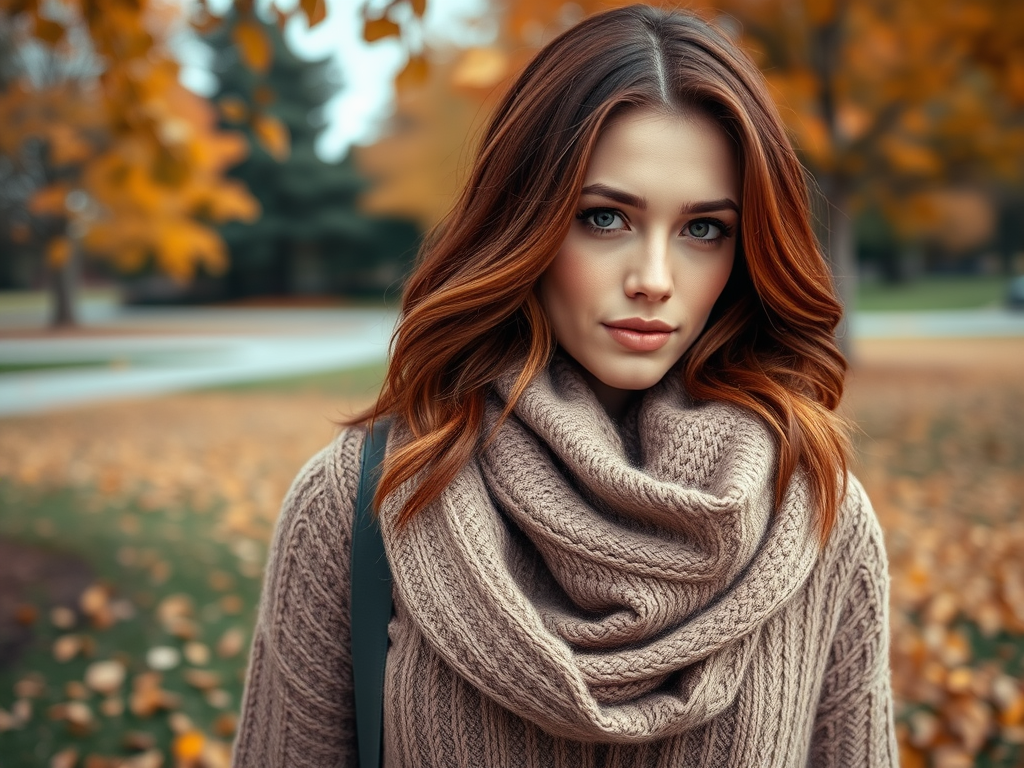 Een vrouw in een gebreide trui met een grote sjaal, omringd door herfstbladeren in een park.