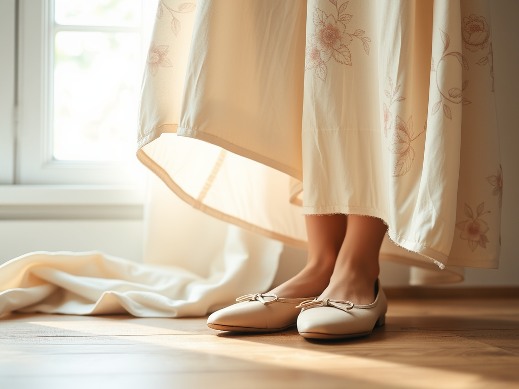 Een paar elegante schoenen onder een lichte, bloemenbedrukte jurk in een zonovergoten kamer.