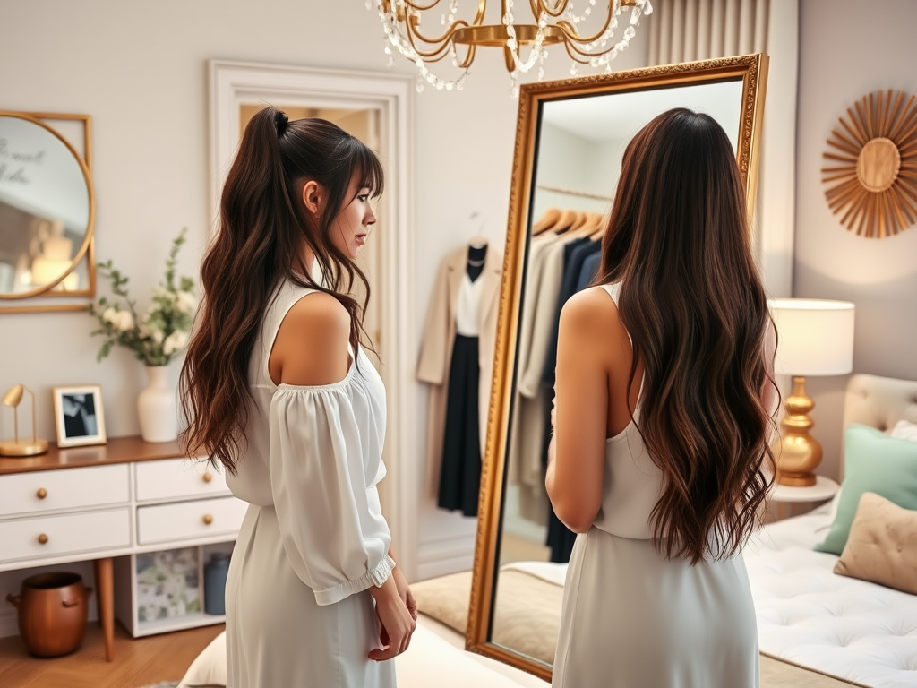 Twee vrouwen met lang haar kijken in een spiegel in een stijlvolle slaapkamer met elegante inrichting.