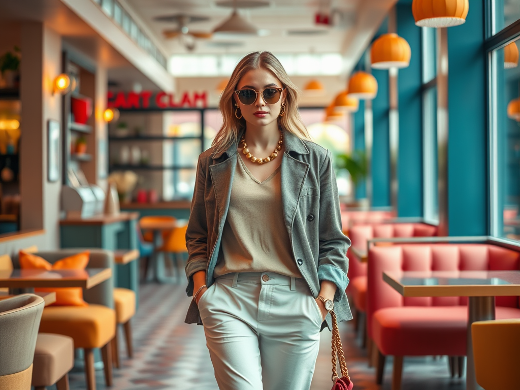 Een stijlvolle vrouw in een café met een lichte blazer, zonnebril en grote ketting, omringd door kleurrijke stoelen.