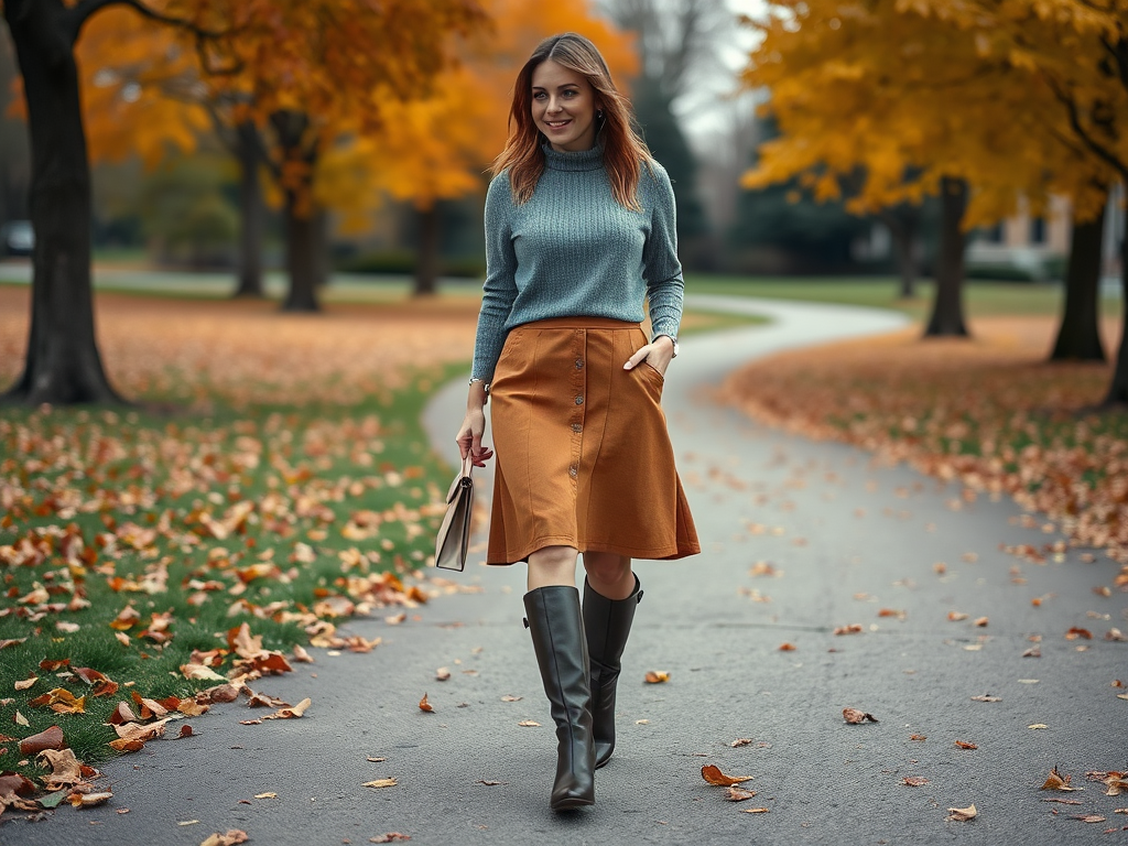 Een vrouw in een groen trui en een bruine rok wandelt over een pad tussen de herfstbladeren.