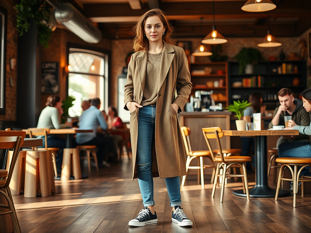 Een vrouw in een bruine jas poseert in een gezellige koffiebar met mensen op de achtergrond.