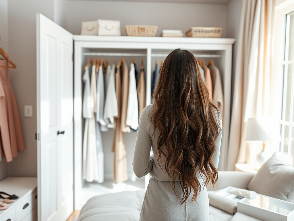 Een vrouw met lang haar staat voor een kledingkast vol met stijlvolle kleding in een sfeervolle kamer.