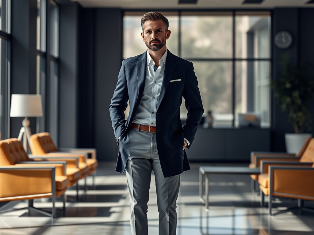 Een zelfverzekerde man in een zakelijke outfit staat in een moderne kantoorruimte. Oranje stoelen op de achtergrond.