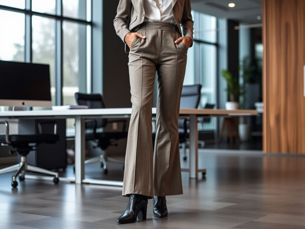 Een vrouw in een nette outfit staat in een moderne kantoorruimte met grote ramen.