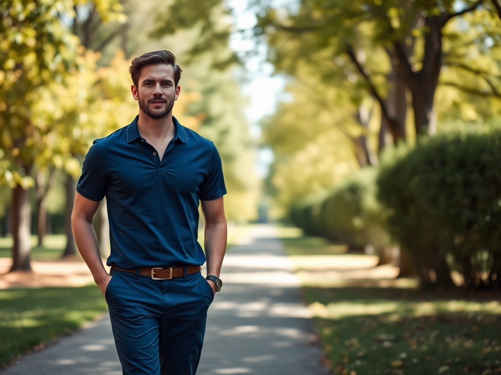 Een jonge man in een blauwe polo wandelt ontspannen door een groene parklaan omringd door bomen.