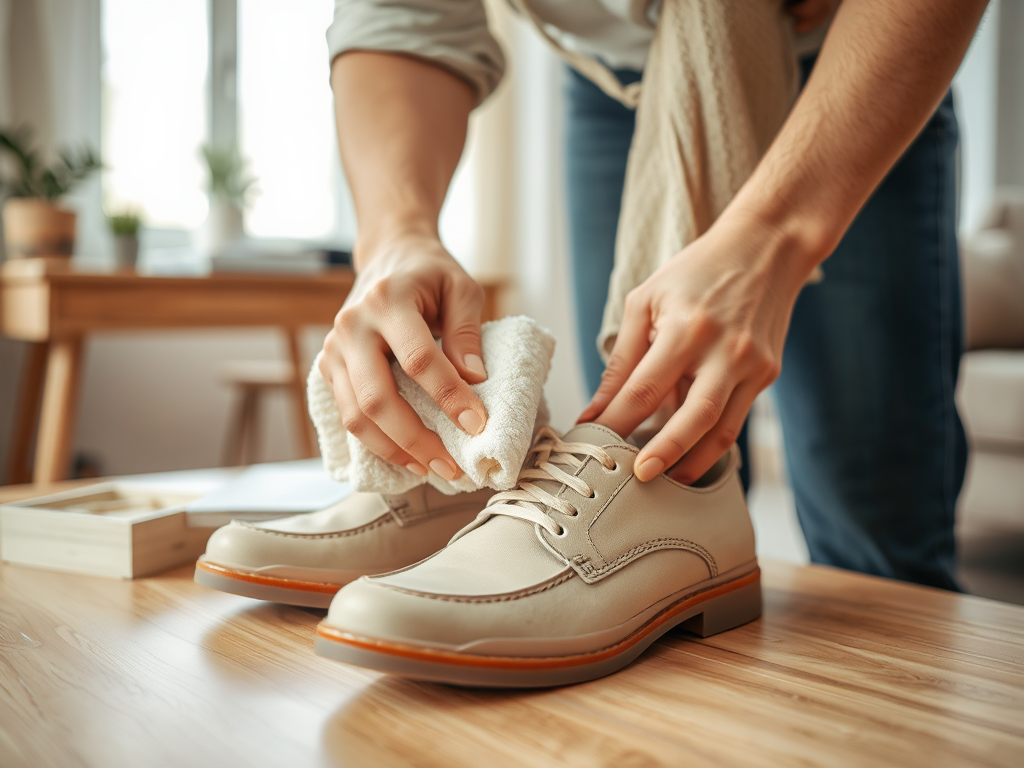 Een persoon maakt een paar beige schoenen schoon met een doek op een houten vloer in een lichte ruimte.