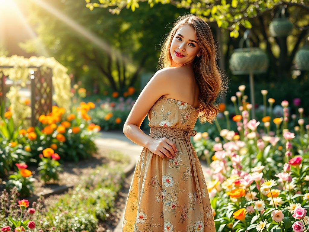 Een jonge vrouw in een bloemenveld, glimlachend met zonlicht dat op haar schijnt. Ze draagt een strapless jurk.