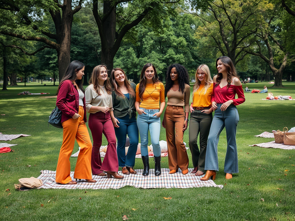 Een groep van acht vrouwen in kleurrijke outfits poseert op een picknickkleed in een park.